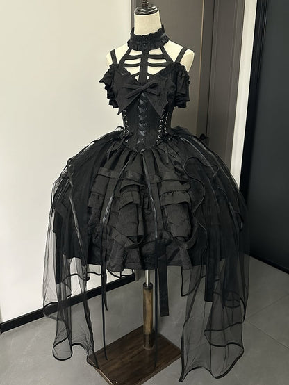 ボウオーバレイとゴシックドレスコルセット、ロリータ風の取り外し可能なスカートデザイン、ブラックバードケージウエストのレースアップ