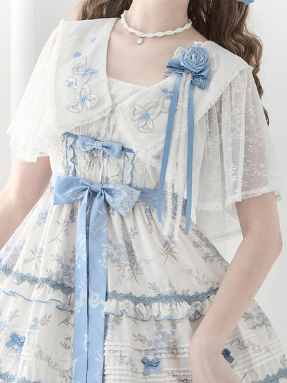 Lolita Blue Elegant Collar Flower with Shawl White Embroidered