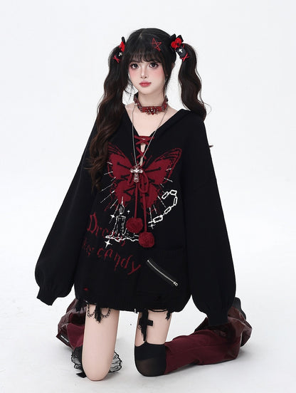 Pattern and Pom-Pom Details V-Neck Balloon Sleeve Knit Sweater with Butterfly Colors | 4