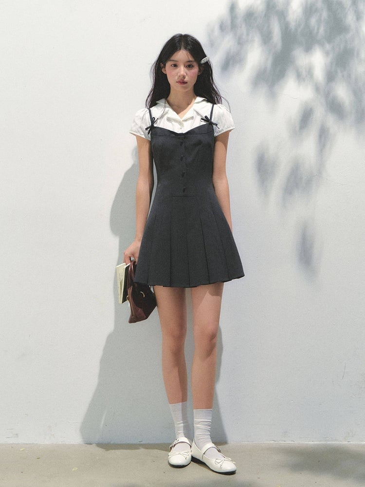 Dark Dress Elegant Bow Gray Details with Fake Two-Piece