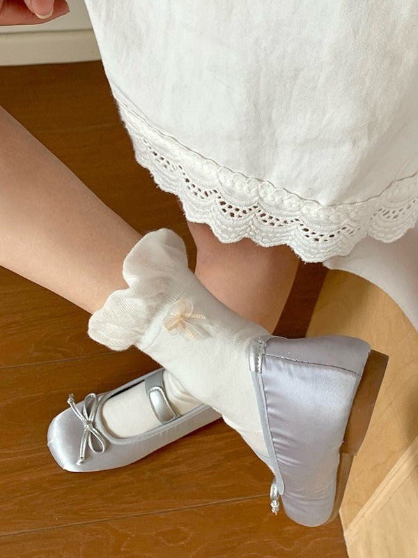 Details Rosa/Blau/Schwarz/Weiß/Gelb/Graue Wadensocken mit Rüschenbündchen und Schleife