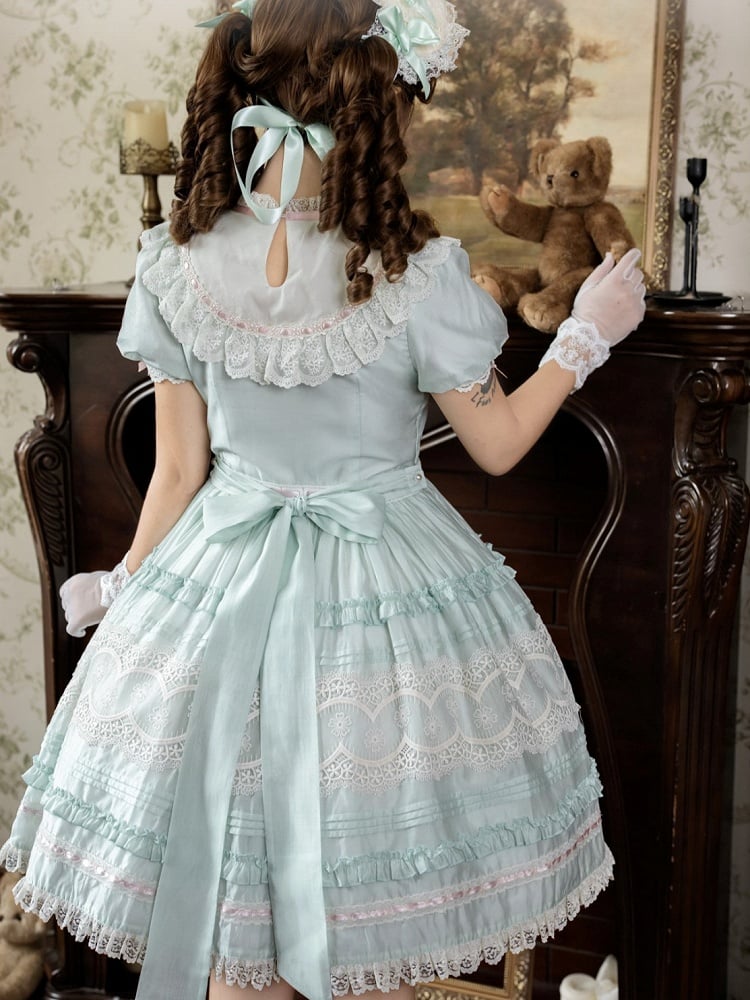 Short Mint Green Puff Sleeve Lace Trim Elegant Lolita Dress - Pumpkin Planet