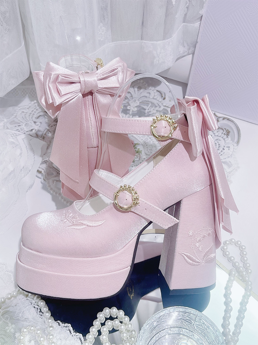 of Detachable Mary High Platform Bowknot Janes Lily Pink Heel the Valley Embroidery Block