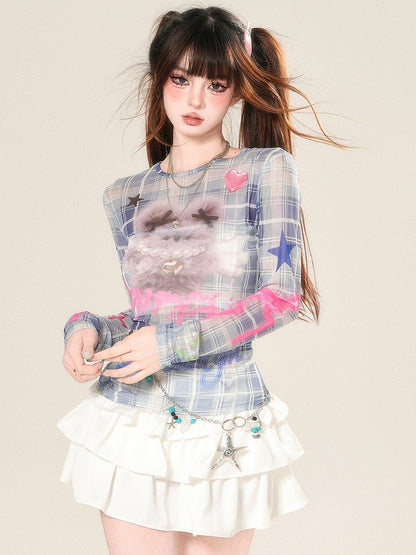 Blaues und glamouröses Top mit Druckmuster, langen Ärmeln, Buchstaben-Plaid-Puppe