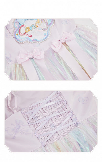 Mit Süßigkeiten verziertes lila Trägerkleid mit Perlen, süßes JSK und Lolita-Spaghetti-Licht