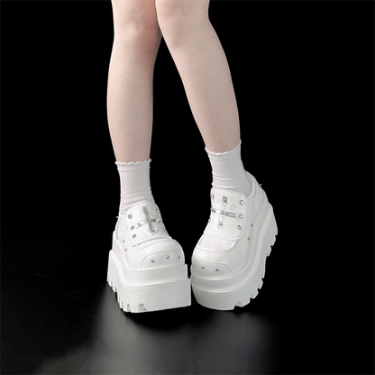 Studded Punk with Platform Details Shoes Cross Accents White
