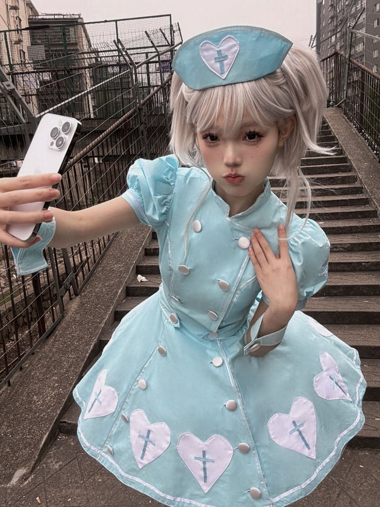 Kleid Herz Lolita Patches Puff Krankenschwester Blau Kreuz Ärmel Weiß