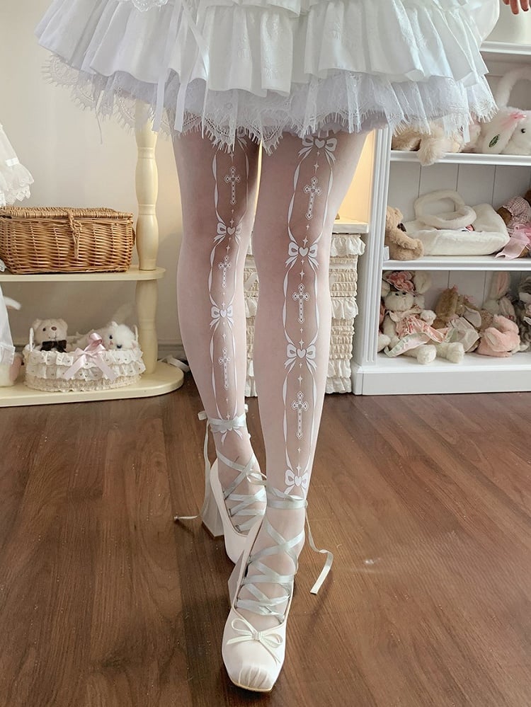 Strumpfhose Weiß Süßer Print Schleife und Kreuz Lolita