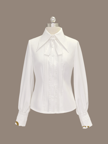 プリンス レース スリーブ 4 とロングディテール フォールドオーバー プリーツオプション カラーシャツ カラーポイント