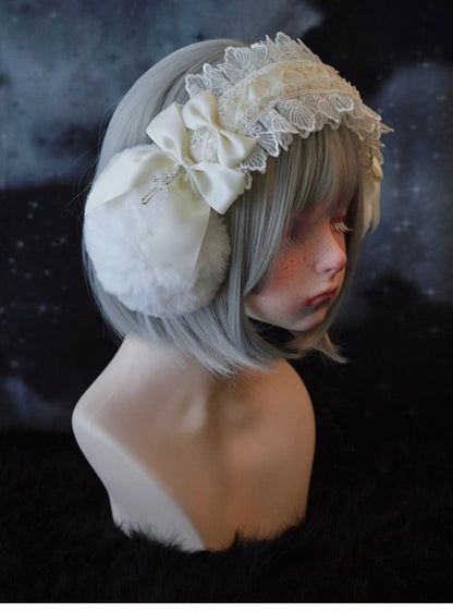 ホワイトハンドメイドのリボンクロスレーストリムプラッシュイヤーマフ