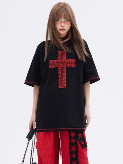 Black Cross Pattern Round Neck T-shirt
