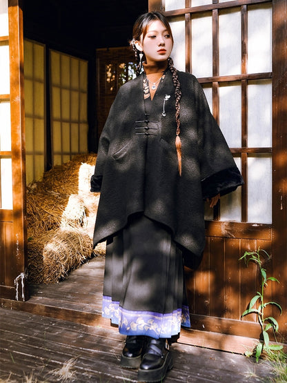 Frog - Cape Black Style Chinese V-Neck Button Closure