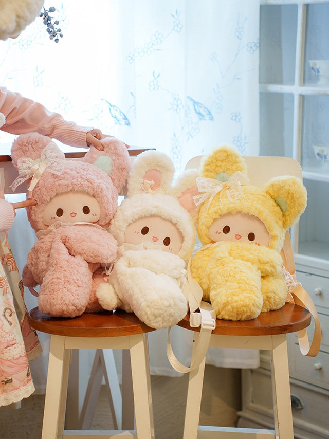 Pink Rabbit Bowknot Lace Details Plush Backpack Middle/Large Size