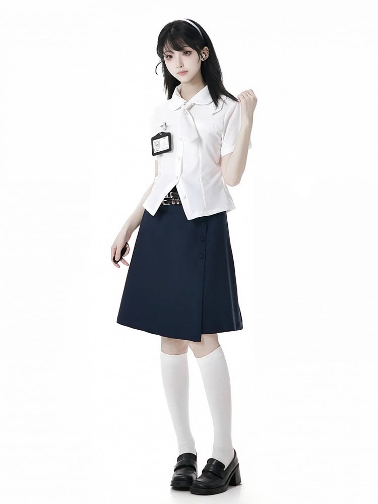 Marineblauer JK-Uniform-Knielanger Rock mit Doppelschnallengürtel