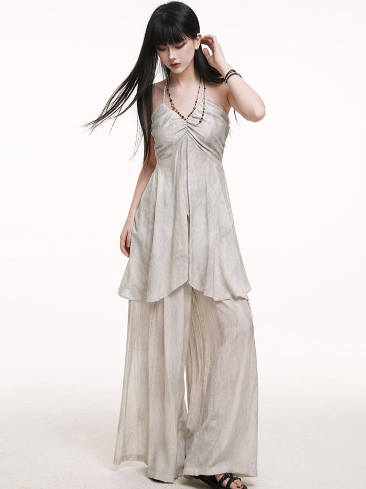 Floor Skirt-Like Wide-Leg Length Gothic with Gray Pants Drape