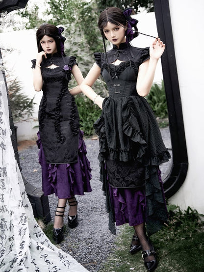 Voller Jacquard-Saum Qi Rüschen Set Schwarz Qipao Cthulhu Lolita Kleid Vibes Lila Trim Cascading