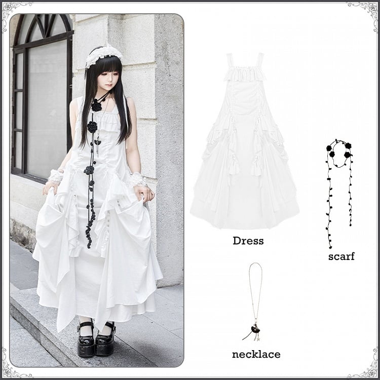 + ドローストリングデザインのネックレス ホワイトゴスフリル ルーズスカーフドレス カスケード