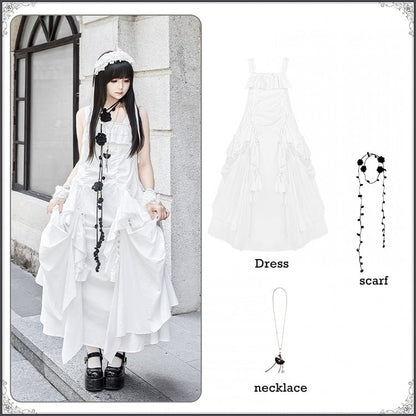 + ドローストリングデザインのネックレス ホワイトゴスフリル ルーズスカーフドレス カスケード