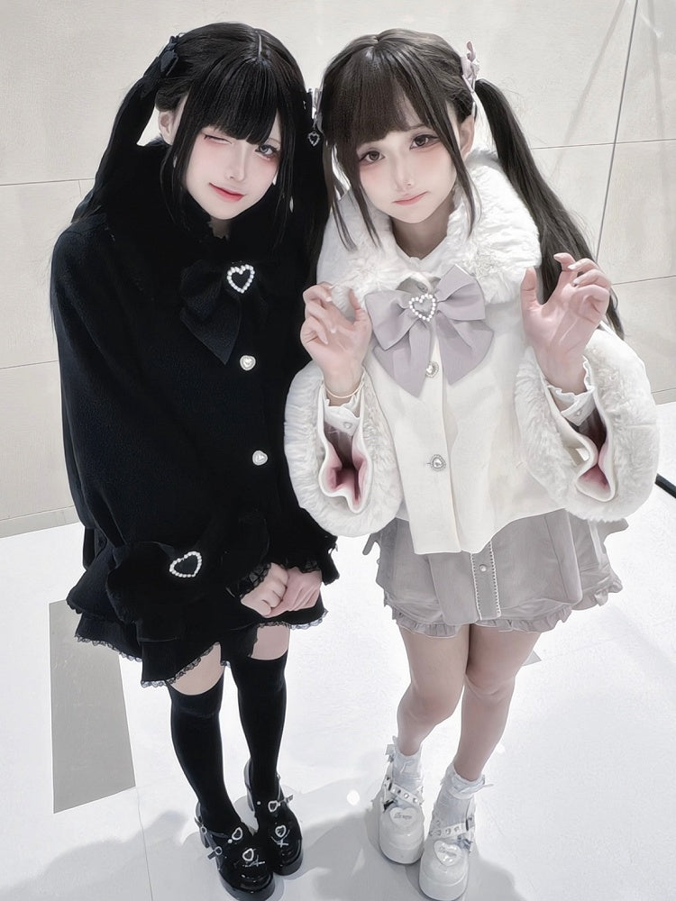 Buttons Rhinestone in Jirai Short with Coat Kei Accents Beige/Black Convertible Plush Fleece-Lined Detachable Heart