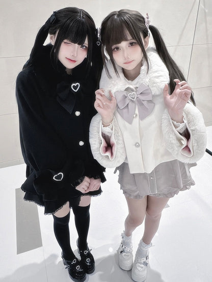 Buttons Rhinestone in Jirai Short with Coat Kei Accents Beige/Black Convertible Plush Fleece-Lined Detachable Heart