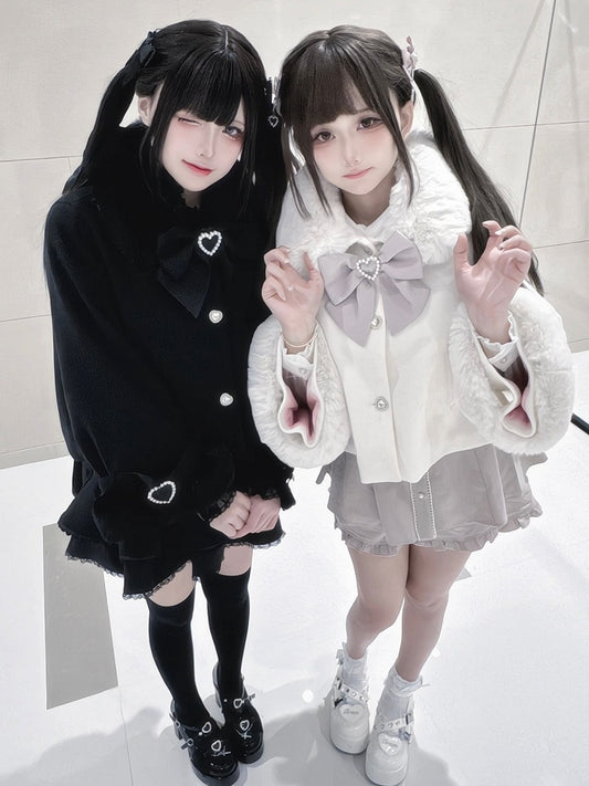 Buttons Rhinestone in Jirai Short with Coat Kei Accents Beige/Black Convertible Plush Fleece-Lined Detachable Heart