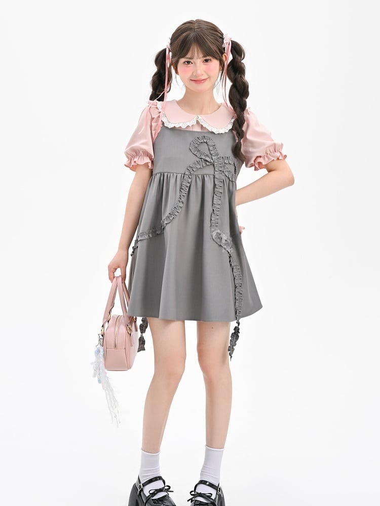 Slip-Kleid, locker, grau, großes Rüschen-Schleifen-Design