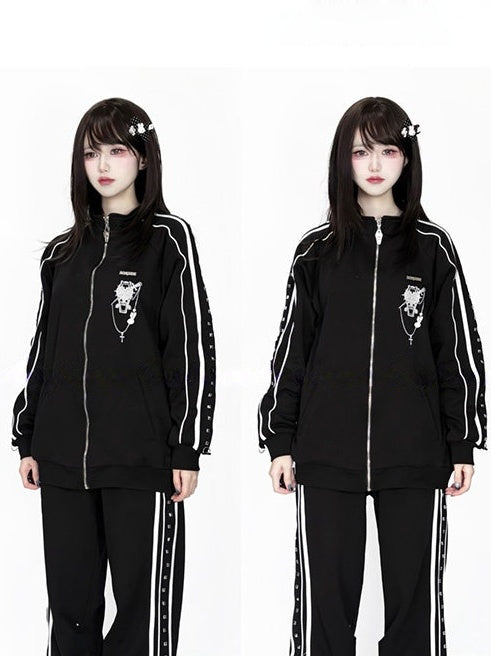 Stud Jirai Jacket Decorations Long-Sleeve Casual Black with Kei Printed