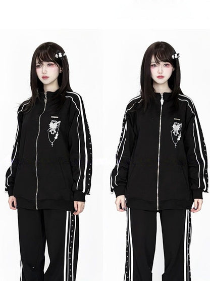 Stud Jirai Jacket Decorations Long-Sleeve Casual Black with Kei Printed