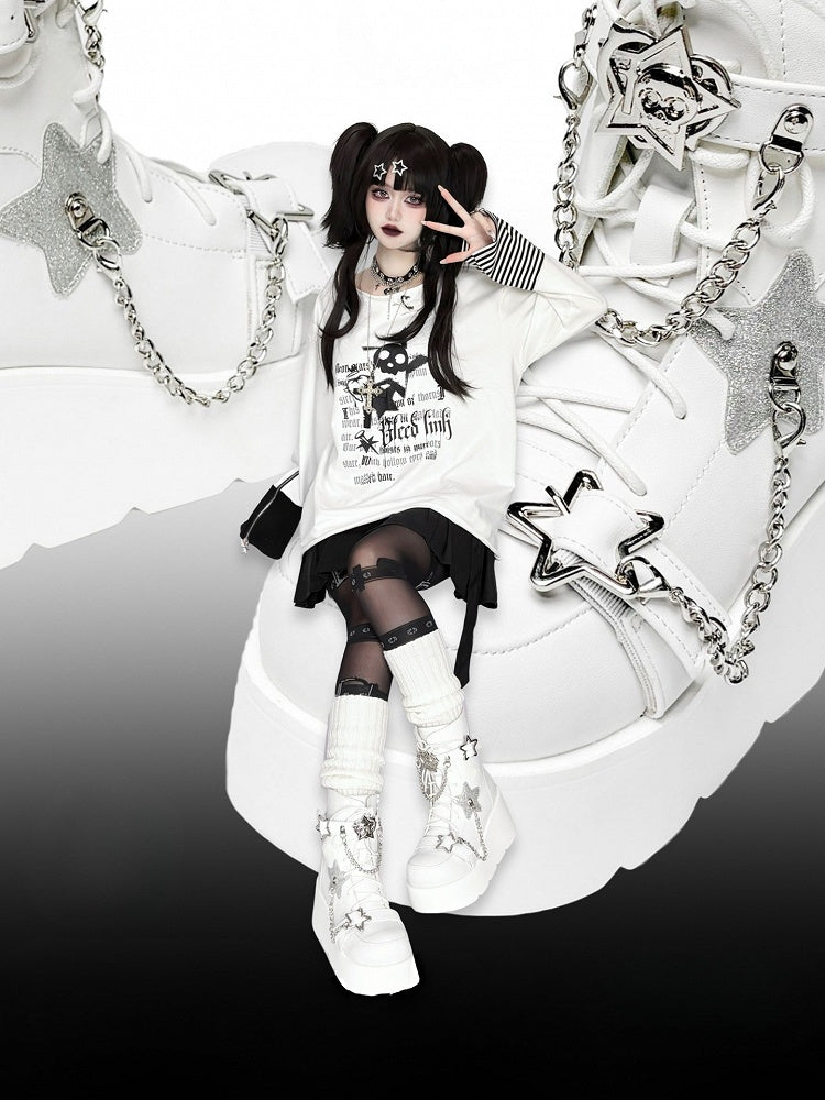 PU White Punk Platform Boots - Star Accents, Detachable Chain Charm & Multi-Fastening System