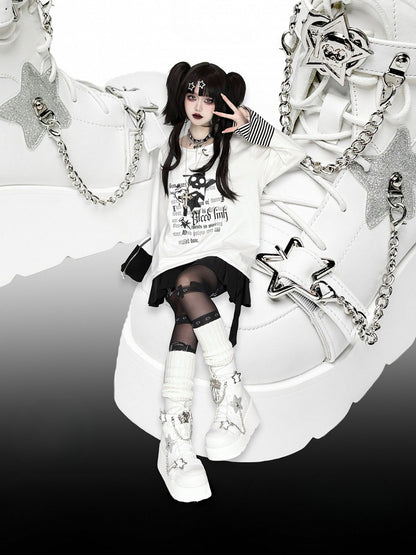 PU White Punk Platform Boots - Star Accents, Detachable Chain Charm & Multi-Fastening System