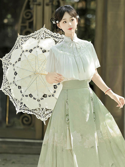 Ming-Style Green and White Top with Floral Print Long Mamian Skirt Set, Modern Chinese Style - Han Ru Chu Hanfu &amp; Han-Element Studi