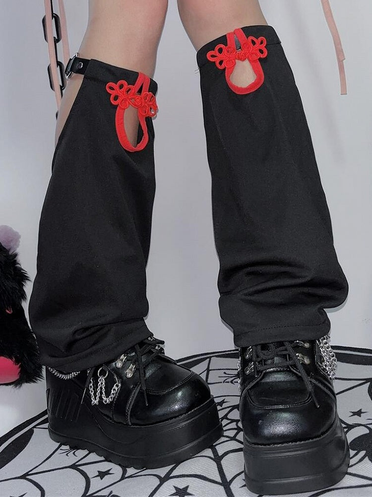 Y2K Beinwärmer SchwarzRot Knotenknopf Cheongsam Stil