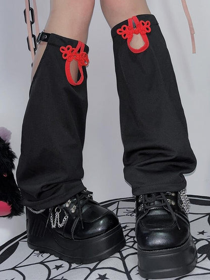 Y2K Beinwärmer SchwarzRot Knotenknopf Cheongsam Stil