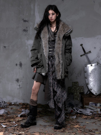 Punk Heavy-Duty Green Diagonal Fuzzy Pockets 3D Coat Dark Hood Straps with