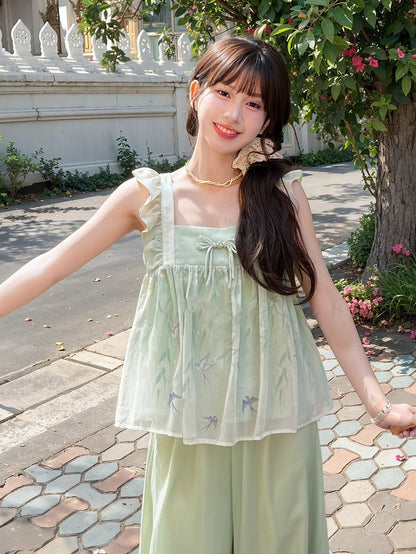 Grüne Flatterärmel mit Schwalben-Cheongsam-Print