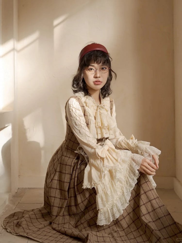 Classic Lace-Up Elegant Details Lolita with Brown Dress Plaid