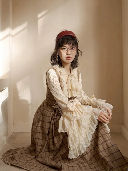 Classic Lace-Up Elegant Details Lolita with Brown Dress Plaid