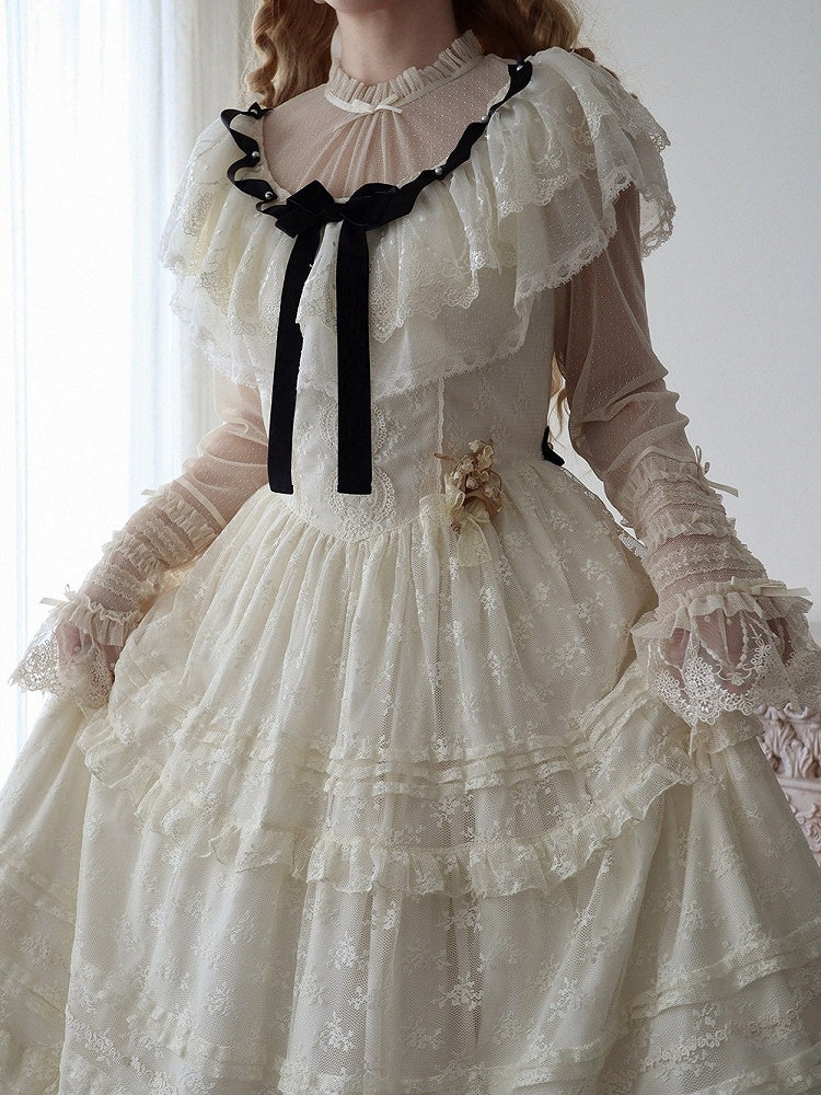 Elegant Classic Beige & Black Lolita Long JSK Gown with Butterfly Bow and Layered Skirt - Miss Cube Dressworks