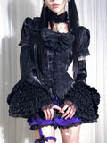 Black Lace-trimmed Sleeves Neck with Puff Sleeve Short Blouse Square