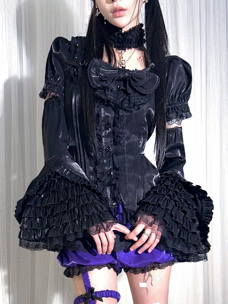 Black Lace-trimmed Sleeves Neck with Puff Sleeve Short Blouse Square