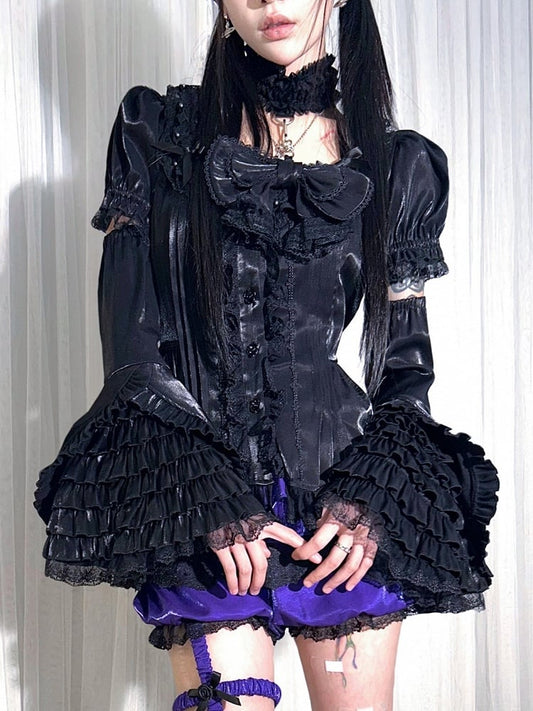 Black Lace-trimmed Sleeves Neck with Puff Sleeve Short Blouse Square