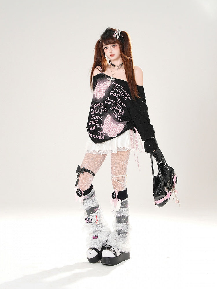 Trim Butterfly Appliques Lace Elastic Waist White/Black