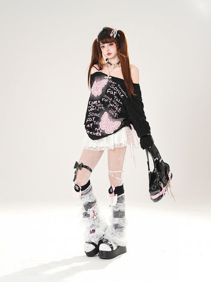 Trim Butterfly Appliques Lace Elastic Waist White/Black