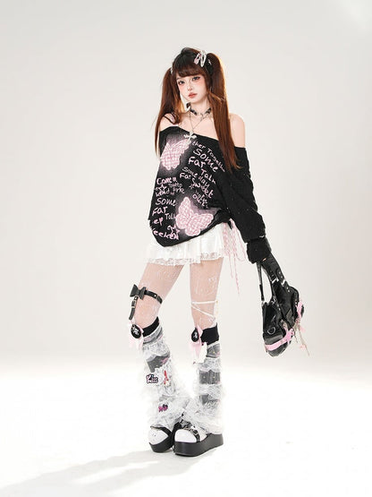 Off-the-shoulder Black/White Pink Plaid Butterfly Appliques