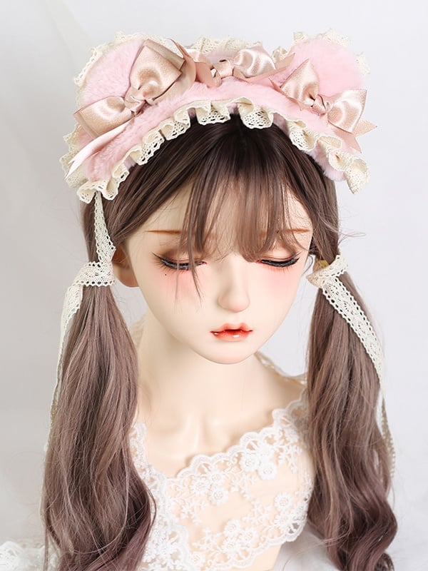 Plush Sweet Hairband Pink Green Ear / Bear Lovely Coffee Lolita