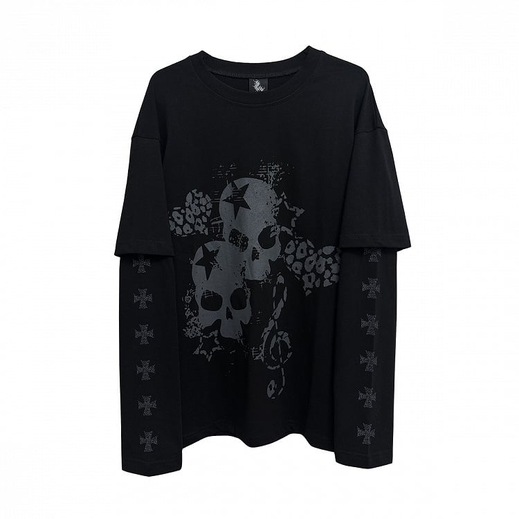 Print with Skeleton White Cross Two-Pieces Top Faux and Black