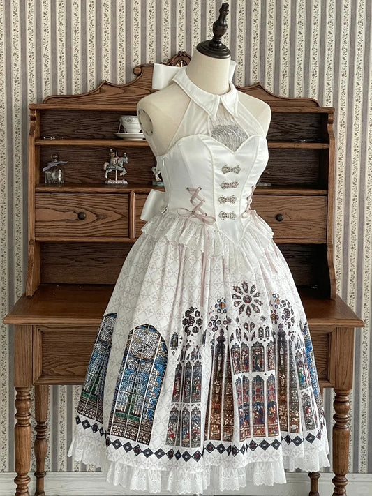 Window Halter White Gothic Lolita Neck Print Stained Jumper Church Skirt