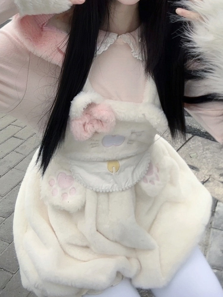Detachable Hood White Ear with Decor Kitty Hoodie Overall Bubble Plush Shorts