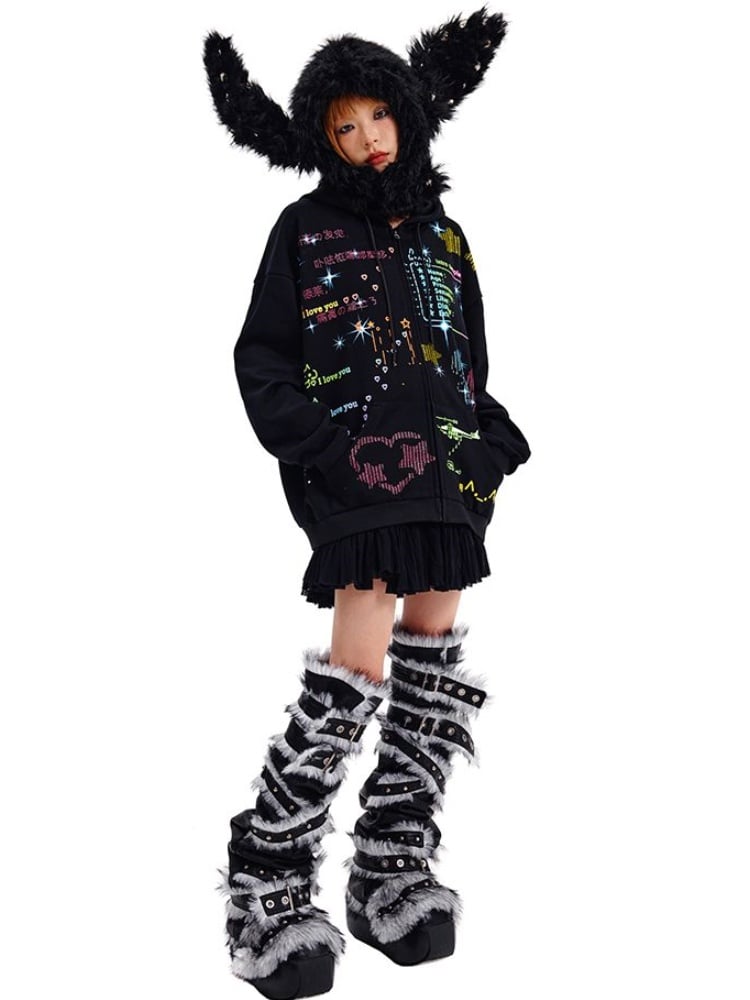 ブラック/ホワイトのスタッズ付きバニーイヤーハット