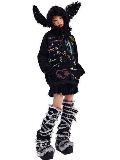 ブラック/ホワイトのスタッズ付きバニーイヤーハット